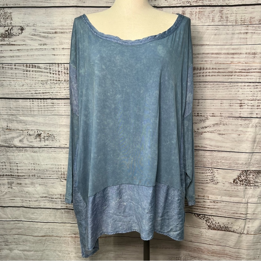 White Birch Medium Blue Lagenlook Rayon Dolman Sleeves Oversized Flowy Tunic